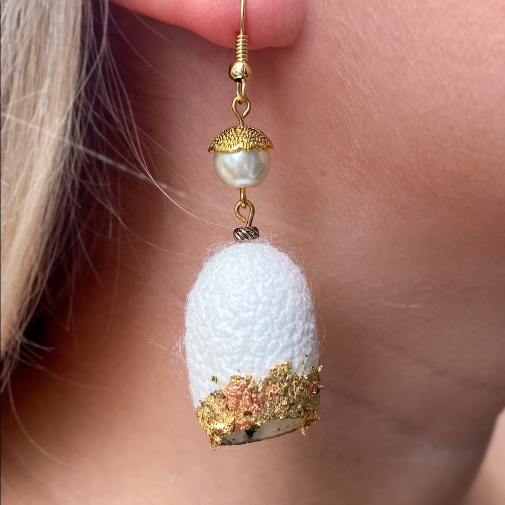Gold leaf and silk cocoon dangle earrings with pearls handmade
